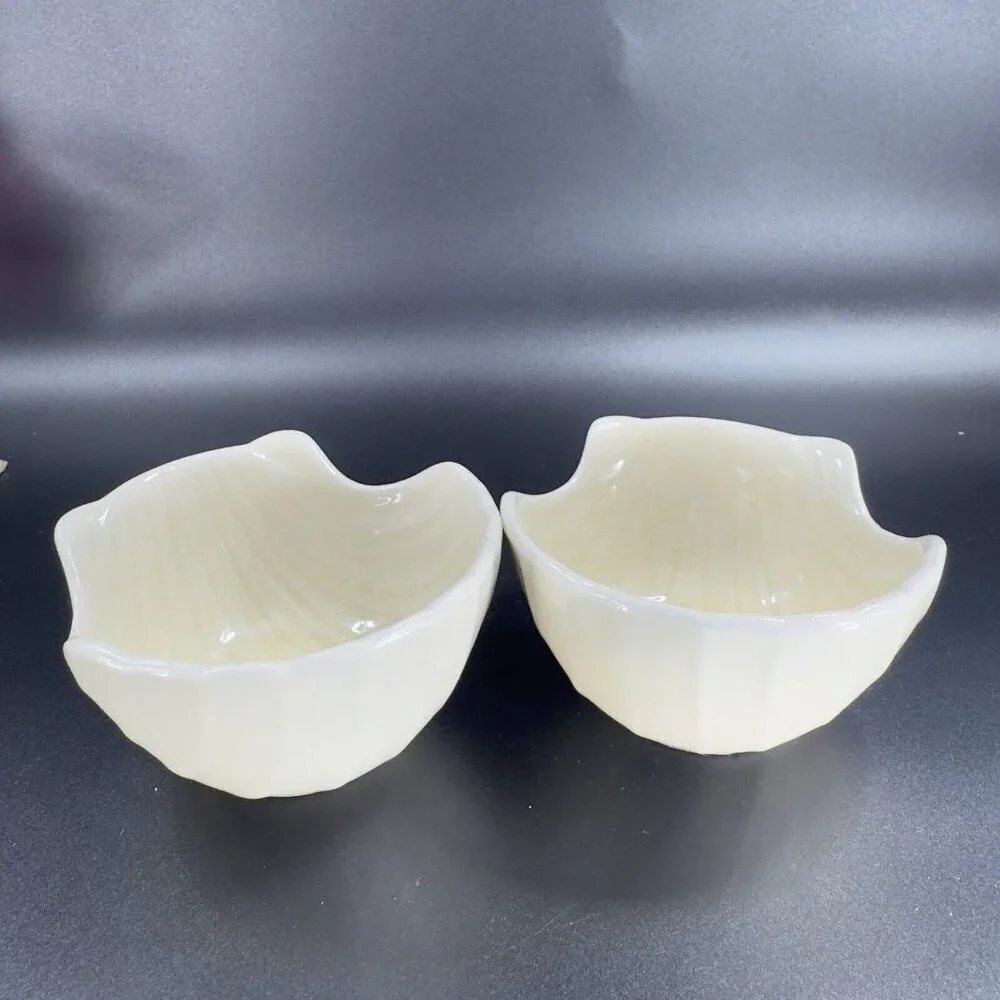 Pier 1 Imports Ivory Crackle Glaze Ceramic Shell Shape Dish Small Bowl Set 2 VTG